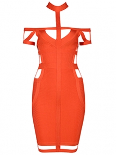 Halter Choker Off Shoulder Bandage Dress Orange 