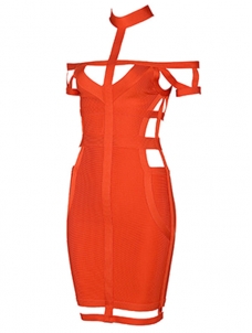 Halter Choker Off Shoulder Bandage Dress Orange 