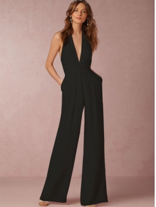 Halter V Neck Backless Wide-Leg Jumpsuit Black