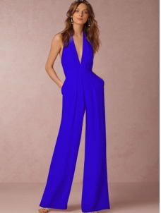 Halter V Neck Backless Wide-Leg Jumpsuit Blue