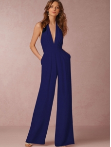 Halter V Neck Backless Wide-Leg Jumpsuit Dark Blue