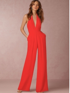 Halter V Neck Backless Wide-Leg Jumpsuit Red