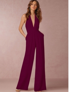 Halter V Neck Backless Wide-Leg Jumpsuit Wine Red