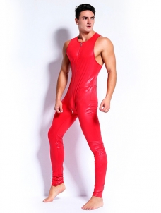 Men Leather Punk Zipper Jumpsuit Red