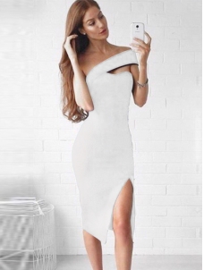 Oblique Shoulder Hollow Out Bandage Dress White 