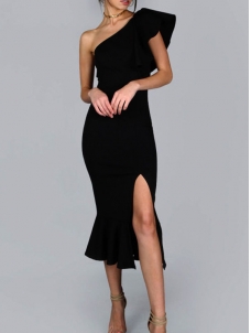 One Shoulder Sexy Midi Bandage Dresses Black 