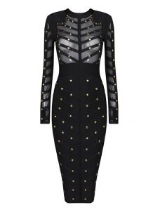 See Through Long Sleeve Midi Dress Black