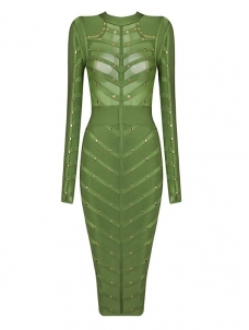 See Through Long Sleeve Midi Dress Green