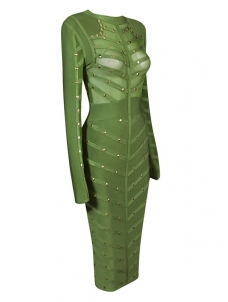 See Through Long Sleeve Midi Dress Green