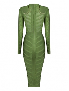 See Through Long Sleeve Midi Dress Green