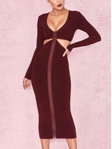 Sexy Hollow Out V-Neck Midi Bodycon Dress