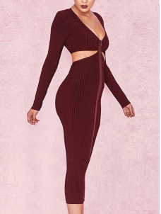 Sexy Hollow Out V-Neck Midi Bodycon Dress