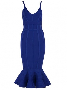 Sexy V-neck Backless Fishtail Bandage Dress Blue