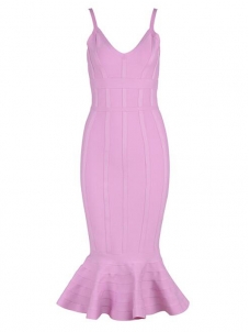 Sexy V-neck Backless Fishtail Bandage Dress Pink