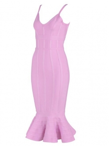 Sexy V-neck Backless Fishtail Bandage Dress Pink