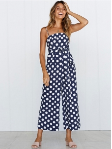 Strappy Sleeveless Polka Dot Overalls Jumpsuit Blue
