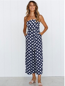 Strappy Sleeveless Polka Dot Overalls Jumpsuit Blue