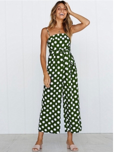 Strappy Sleeveless Polka Dot Overalls Jumpsuit Green
