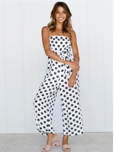 Strappy Sleeveless Polka Dot Overalls Jumpsuit White