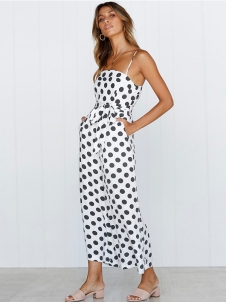 Strappy Sleeveless Polka Dot Overalls Jumpsuit White