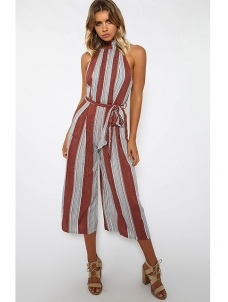 Stripe Off Shoulder Halter Loose Jumpsuit