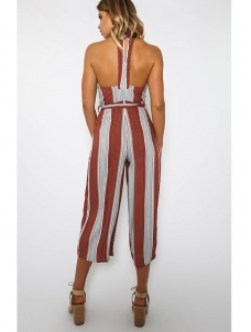 Stripe Off Shoulder Halter Loose Jumpsuit