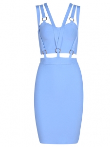 Summer Slim Backless Sleeveless Bandage Dress Blue