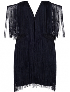 V-neck Off The Shoulder Fringed Dress Black