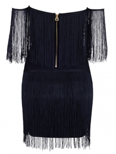 V-neck Off The Shoulder Fringed Dress Black