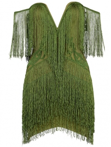 V-neck Off The Shoulder Fringed Dress Green