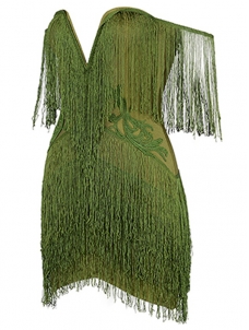 V-neck Off The Shoulder Fringed Dress Green