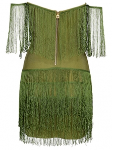 V-neck Off The Shoulder Fringed Dress Green