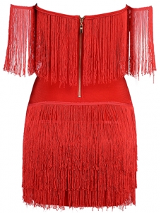 V-neck Off The Shoulder Fringed Dress Red