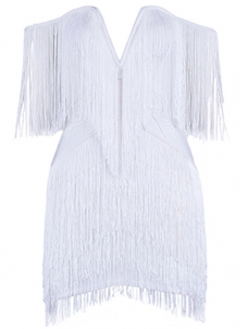V-neck Off The Shoulder Fringed Dress White