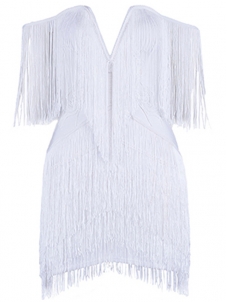 V-neck Off The Shoulder Fringed Dress White