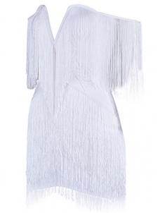 V-neck Off The Shoulder Fringed Dress White