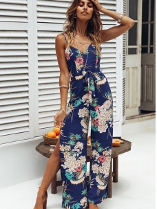 Women Bohemia Sexy Backless Jumpsuit Blue