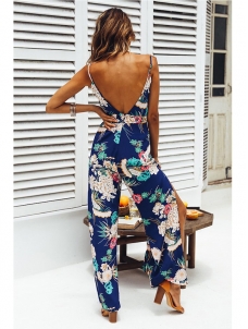 Women Bohemia Sexy Backless Jumpsuit Blue