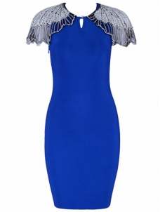 Women O-Neck Beading Bandage Dress Blue