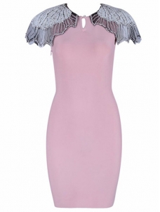 Women O-Neck Beading Bandage Dress Pink