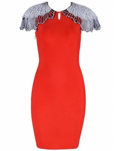 Women O-Neck Beading Bandage Dress Red