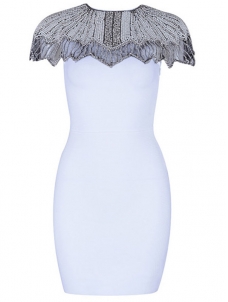 Women O-Neck Beading Bandage Dress White