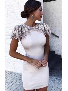 Women O-Neck Beading Bandage Dress White