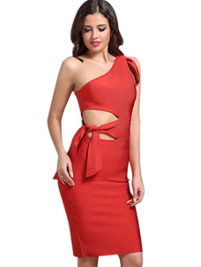 Women One Shoulder Bandage Dress Red