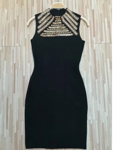 Women Sleeveless Beading Bodycon Bandage Dress Black