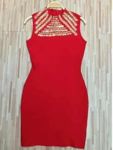 Women Sleeveless Beading Bodycon Bandage Dress Red