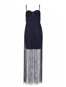 Women Sleeveless Tassels Bandage Dress Black