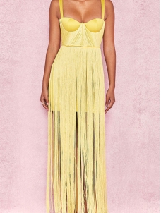 Women Sleeveless Tassels Bandage Dress Yellow