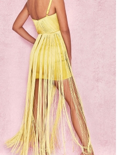 Women Sleeveless Tassels Bandage Dress Yellow