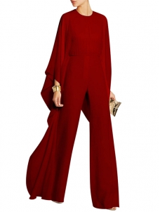 Women Solid Cape Sleeve Jumpsuits Red